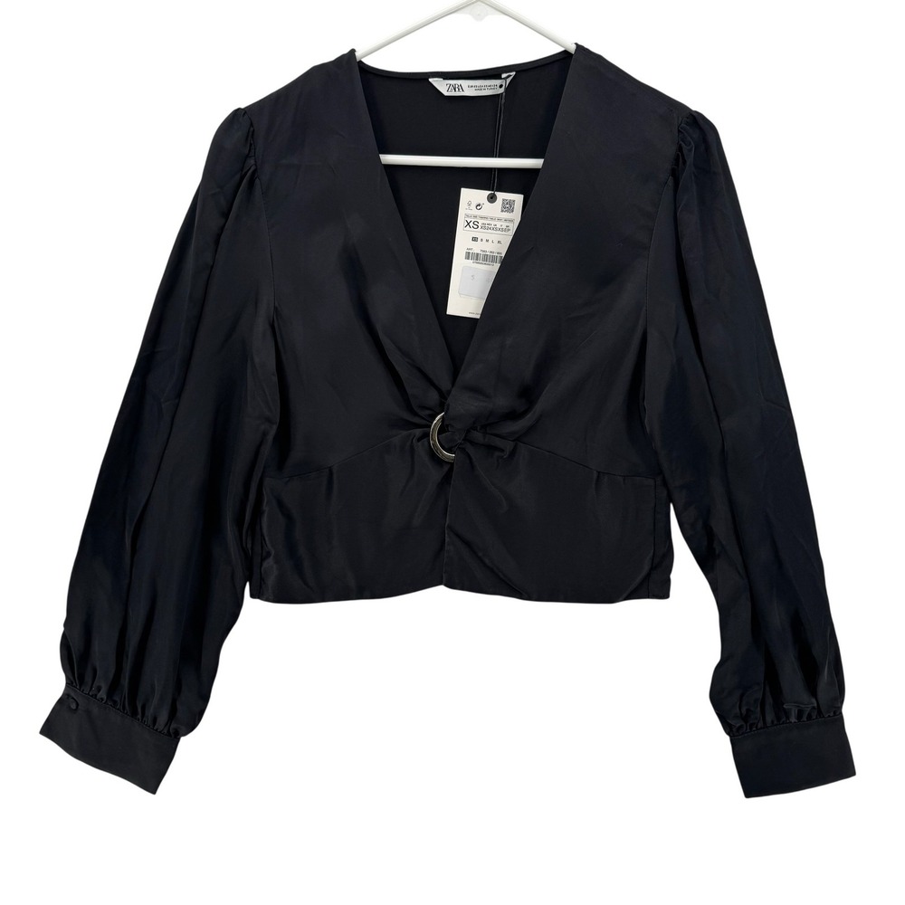 Zara Blouse Womens XS Black Long Sleeve Cropped Ring Detail Top Satin Dressy NWT